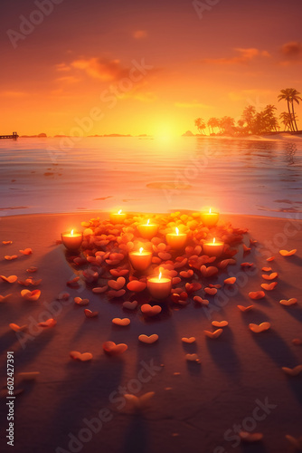 Romantic candles on the sand beach. AI generative © SANGHYUN