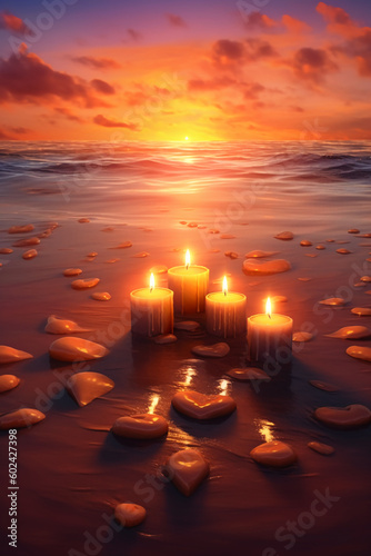 Romantic candles on the sand beach. AI generative