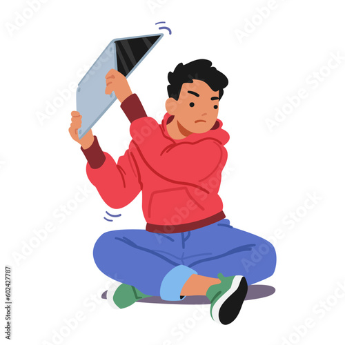 Boy Character Angrily Breaks Laptop In Frustration, Shattering Screen, Symbolizing Technology-related Stress