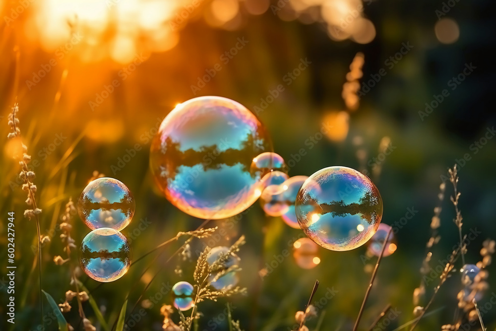 Soap bubbles against a blurred light natural summer background. AI generative Soap bubbles against a blurred light natural summer background. AI generative