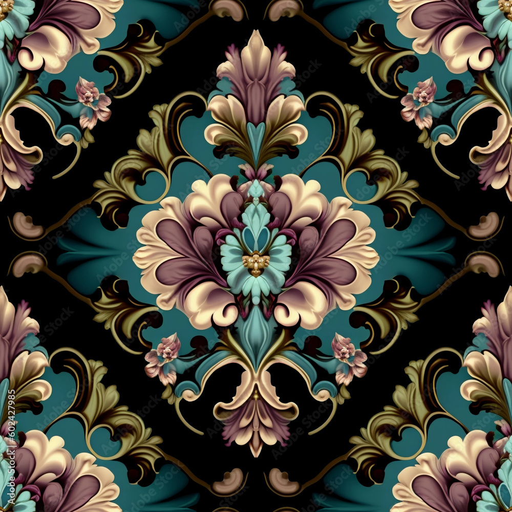 Luxury Damask seamless pattern. Ornament in baroque, rococo, renaissance style. Elegant background with curly floral elements. Repeatable ornate design. Illustration created with generative AI tools