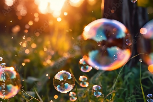 Soap bubbles against a blurred light natural summer background. AI generative © SANGHYUN