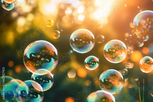 Soap bubbles against a blurred light natural summer background. AI generative