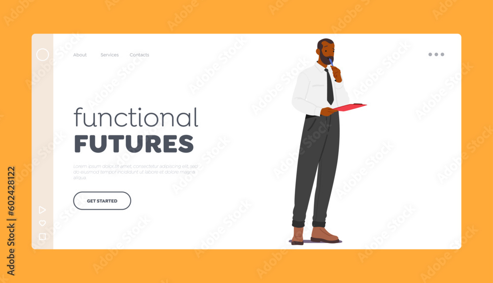 Functional Future Landing Page Template. Male Character Holding Pen And Clipboard, Making Notes, Gathering Information