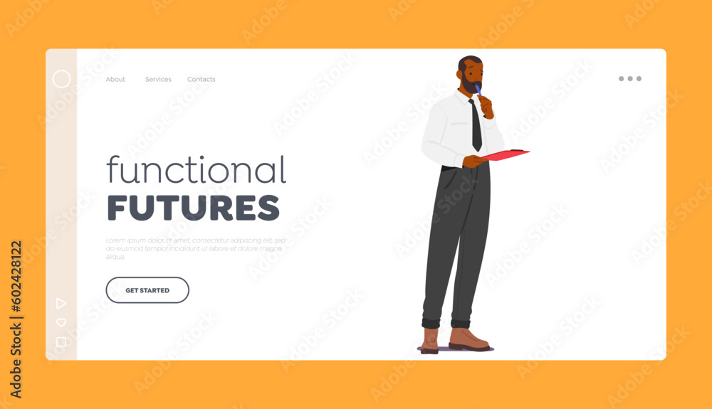 Functional Future Landing Page Template. Male Character Holding Pen And Clipboard, Making Notes, Gathering Information Functional Future Landing Page Template. Male Character Holding Pen And Clipboard, Making Notes, Gathering Information