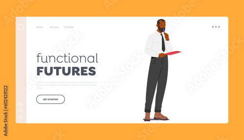Functional Future Landing Page Template. Male Character Holding Pen And Clipboard, Making Notes, Gathering Information