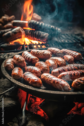 Appetitive grilled sausage on the flaming grill. Delicious crisp sausages. Space for text. Generative AI