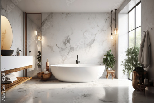 A spacious and airy bathroom with a luxurious white bathtub placed next to a window  providing natural light and a restful atmosphere. Perfect for a rejuvenating soak. AI Generative.