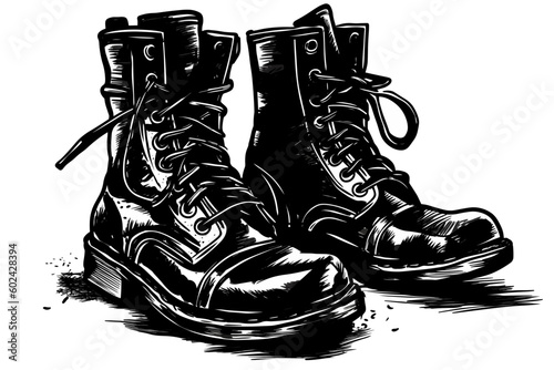 Photographie Doodle inspired Combat boots, cartoon sticker, sketch, vector, Illustration