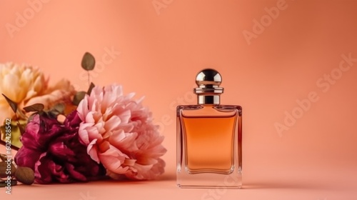 Bottle of perfume with flowers. Illustration AI Generative.