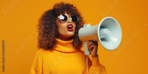 Woman holding megaphone. Illustration AI Generative.