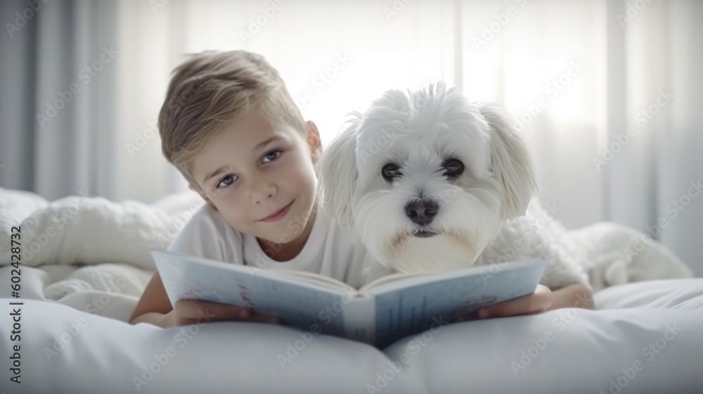 Child reads book with dog. Illustration AI Generative.