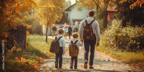 Back to school. View from the back of a happy dad escorts his sons schoolchil...