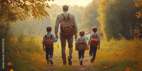 Back to school. View from the back of a happy dad escorts his sons schoolchil...