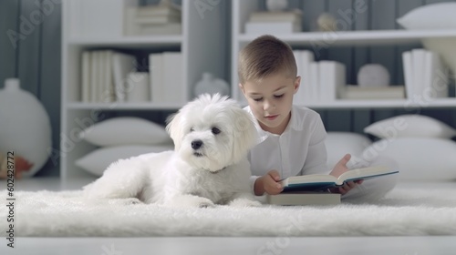 Child reads book with dog. Illustration AI Generative.