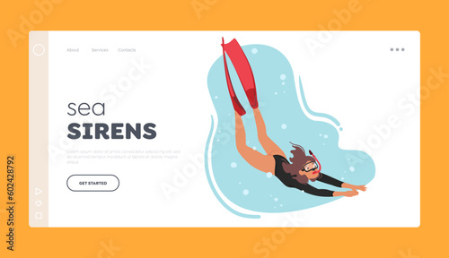 Sea Sirens Landing Page Template. Swimmer Female Character Dives Into The Water With Grace And Precision