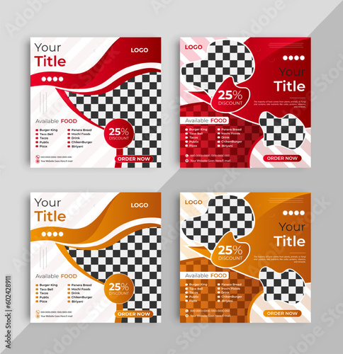 set of modern creative social media food post design template with pattern background red yellow