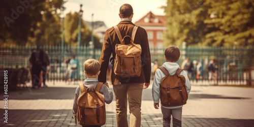 Back to school. View from the back of a happy dad escorts his sons schoolchil...