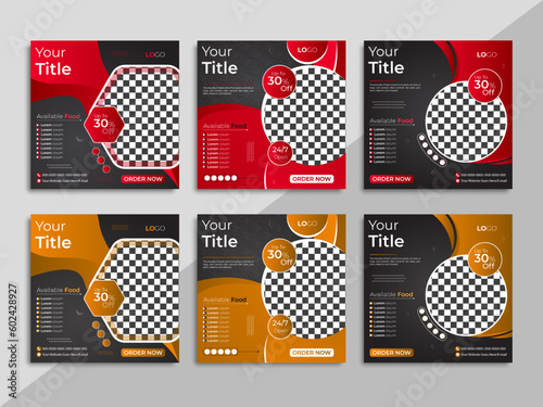 abstract black food post design, template, bundle, creative, vector, yellow, red, menu, advertisement Square layout