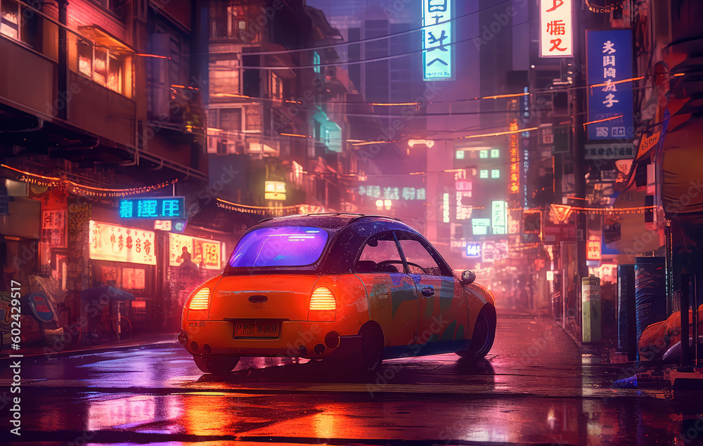 Car in an empty cyberpunk city near night lights, in the style of a psychedelic manga. Generative AI