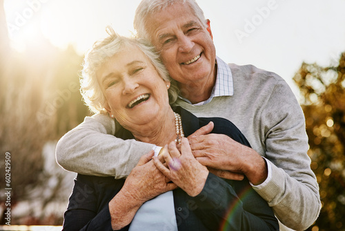 Happy, love and portrait of senior couple enjoying bonding, quality time and relax in morning. Nature, retirement and elderly man and woman smile outdoors for marriage, trust and happiness at sunrise