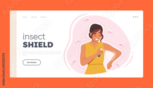 Insect Shield Landing Page Template. Woman Sprays Mosquito Repellent To Ward Off Insects, Keeping Them Safe From Bites