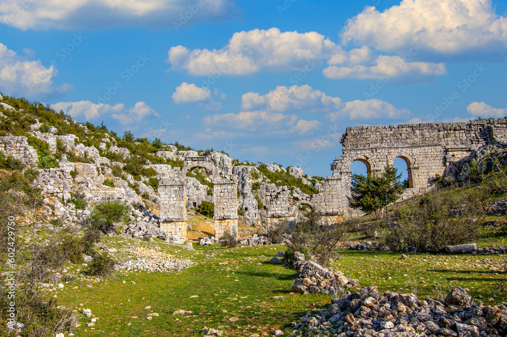 Ruins of ancient city Olba (Uzuncaburc) - Mersin, Turkey. Uzuncaburc, the place of worship of the Olba Kingdom in the Hellenistic Period