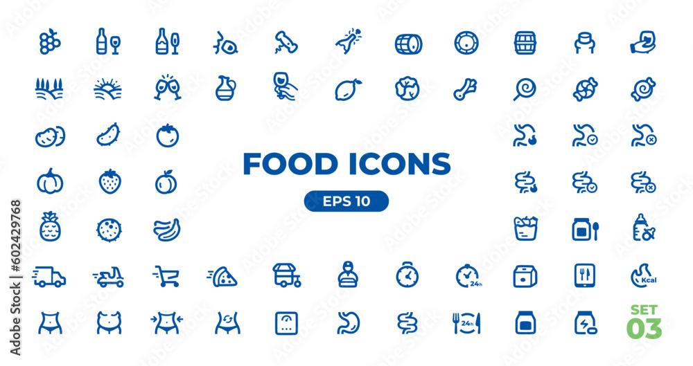 Food icons set. Vector. Fruits, vegetables, meat, seafood, fresh ...