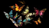 abstract background bright glowing butterflies on a black background. copyspace. Generative AI