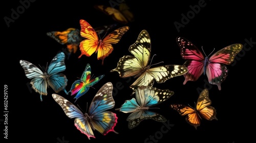 abstract background bright glowing butterflies on a black background. copyspace. Generative AI © Margo_Alexa