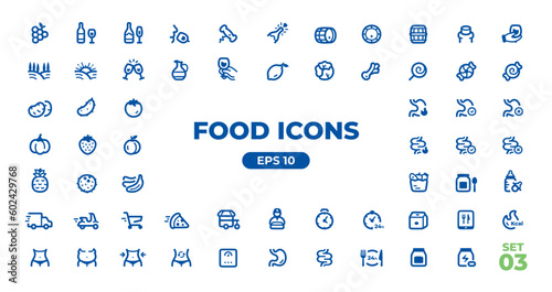 Food icons set. Vector. Fruits, vegetables, meat, seafood, fresh healthy food, beverages, drinks, cutlery, sweets, fast food. Isolated on white background. Line icons collection. Eps10 illustration.