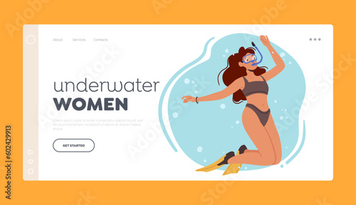 Underwater Women Landing Page Template. Woman Wearing Bikini, Mask and Tube Diving. Young Female Character