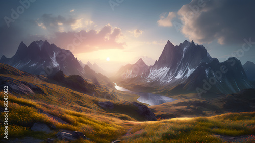 sunrise in the mountains  nature  blue skies  golden hour  summer  grass  landscape  Generated by AI