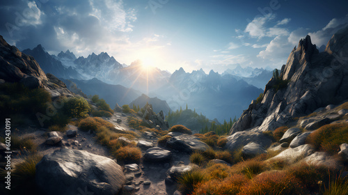 landscape in the morning, mountains, nature, environment, Generated by AI, clouds, blue skies