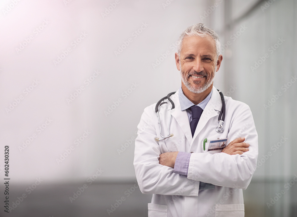 Doctor, healthcare and happy portrait of a man in a hospital with mockup space for health insurance. Professional male medical worker with a stethoscope for a consultation, healing and wellness Doctor, healthcare and happy portrait of a man in a hospital with mockup space for health insurance. Professional male medical worker with a stethoscope for a consultation, healing and wellness