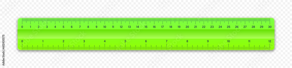 Realistic green plastic ruler with measurement scale and divisions, measure marks. School ruler, centimeter and inch scale for length measuring. Office supplies. Vector illustration Realistic green plastic ruler with measurement scale and divisions, measure marks. School ruler, centimeter and inch scale for length measuring. Office supplies. Vector illustration
