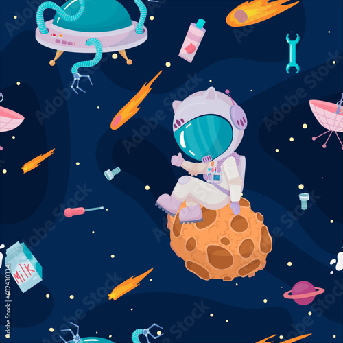 Cosmonaut in outer space. UFOs, spaceships, rockets. Solar system, intergalactic travel. Galaxies, planets, asteroids, comets, shooting stars. Vector illustration in cartoon style on  background.