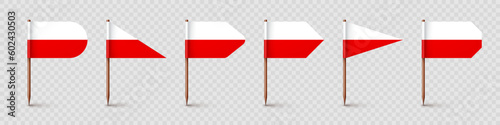 Polish toothpick flags. Souvenir from Poland. Wooden toothpicks with paper flag. Location mark, map pointer. Blank mockup for advertising and promotions. Vector illustration