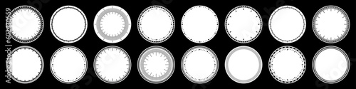 Mechanical clock faces, bezel. Watch dial with minute and hour marks. Timer or stopwatch element. Blank measuring circle scale with divisions. Vector illustration.