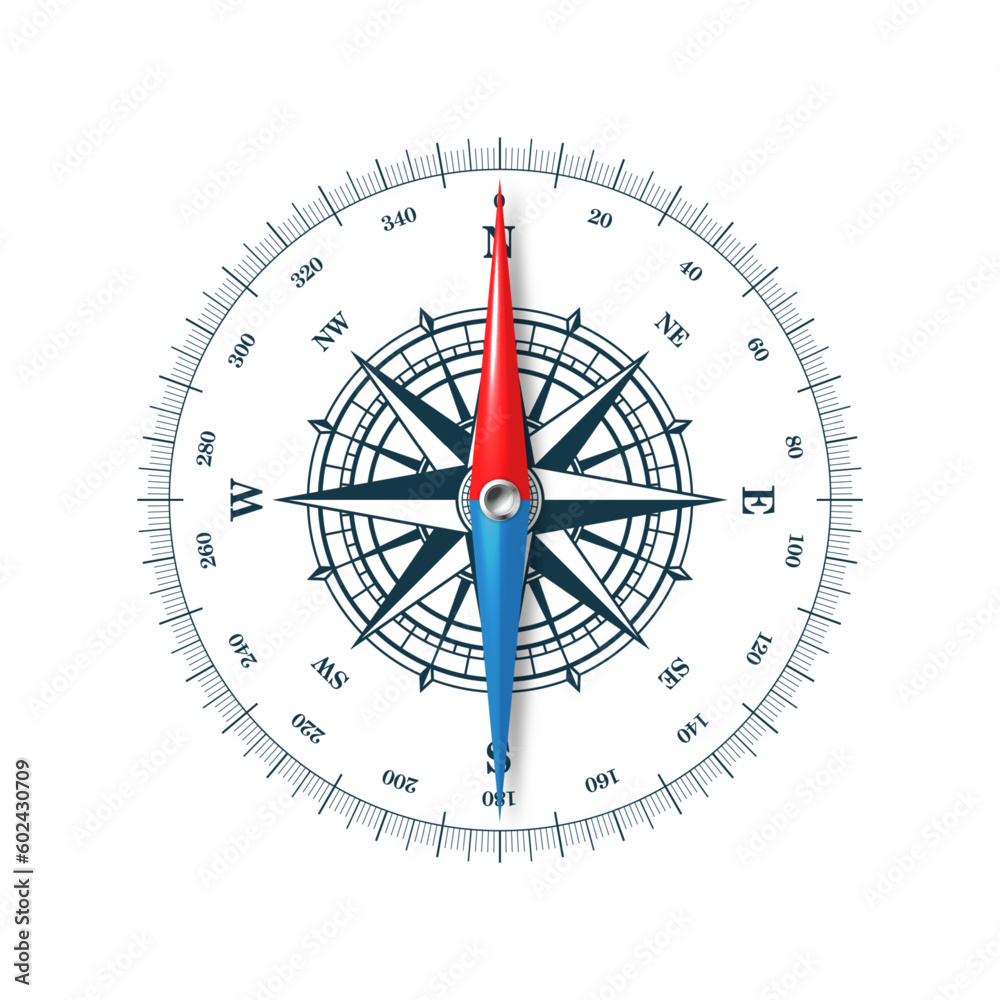 Marine compass, nautical wind rose with cardinal directions of North, East, South, West and degree markings. Geographical position and orientation, cartography and navigation. Vector illustration Marine compass, nautical wind rose with cardinal directions of North, East, South, West and degree markings. Geographical position and orientation, cartography and navigation. Vector illustration