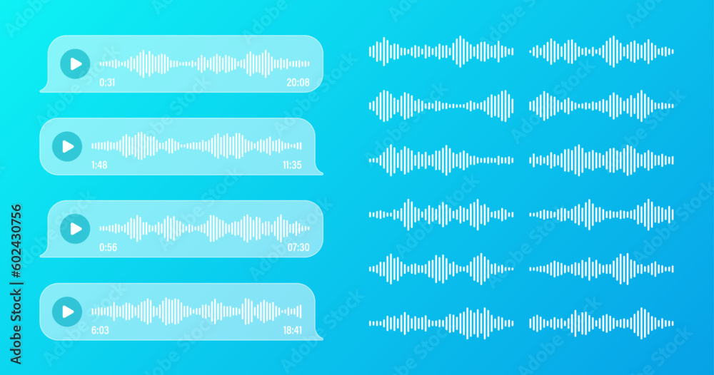 Voice, audio message, transparent speech bubbles. SMS text frame. Social media chat or messaging app conversation. Voice assistant, recorder. Sound wave pattern. Vector illustration Voice, audio message, transparent speech bubbles. SMS text frame. Social media chat or messaging app conversation. Voice assistant, recorder. Sound wave pattern. Vector illustration