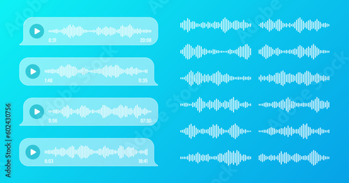 Voice, audio message, transparent speech bubbles. SMS text frame. Social media chat or messaging app conversation. Voice assistant, recorder. Sound wave pattern. Vector illustration