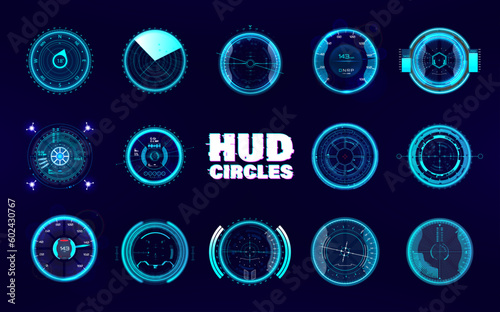 Futuristic HUD gadgets holograms, circle sniper scope, crosshairs, radar, speedometer with neon effect. HUD, Sci-fi, GUI, UI futuristic elements, circle cyberpunk hologram, Sniper rifle. Vector set