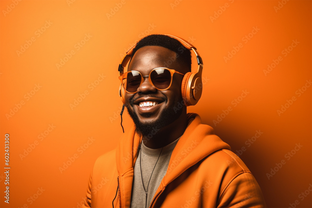 young happy african american man on a bright background in headphones listens to music. Generative AI young happy african american man on a bright background in headphones listens to music. Generative AI
