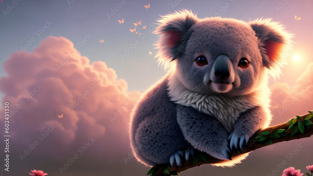 Cute koala smiling among exotic flowers. Art in kawaii style. The softness and joy of the gray furry creature is captured in colorful detail. A delightful mascot with playful eyes. 8k High resolution Cute koala smiling among exotic flowers. Art in kawaii style. The softness and joy of the gray furry creature is captured in colorful detail. A delightful mascot with playful eyes. 8k High resolution