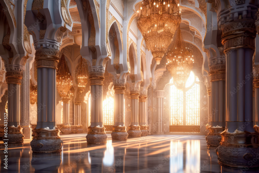 Fototapeta premium Islamic architecture interior, mosque, palace. Generative AI