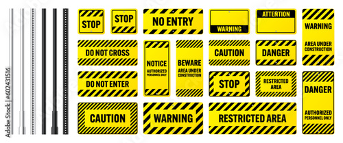 Warning, danger signs, attention banners with metal poles. Yellow caution sign, construction site signage. Notice signboard, warning banner, road shield. Vector illustration