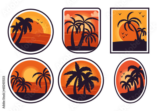 Tropical Badges Set, Design Featuring Palm Tree Silhouettes Against A Sunset Sky, Embodies The Allure Of Coastal Living