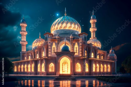 Islamic architecture exterior, night, mosque. Generative AI