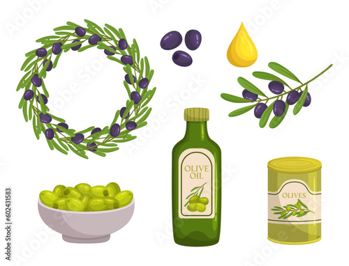 Olives Set, Green, Black, And Kalamata. Wreath, Oil Drop, Bottle and Pickled Olives in Tin Can or Fresh Olives in Bowl